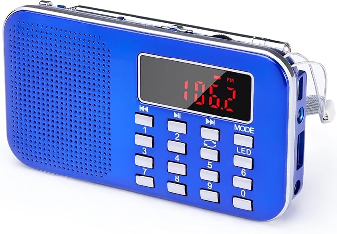 PRUNUS Mini Portable Radio AM FM Pocket Radio with MP3, LED Flashlight, Digital Radio Speaker Support Micro SD/TF Card/USB, Auto Scan Save, 1200mAh Rechargeable Battery Operated[Latest Version]