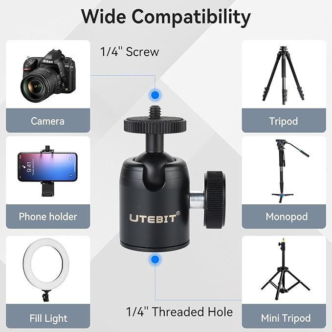 UTEBIT Mini Ball Head with 1/4" hot Shoe, 360° Rotatable Ball Heads Camera Mount Adapter (24mm Ball Head)