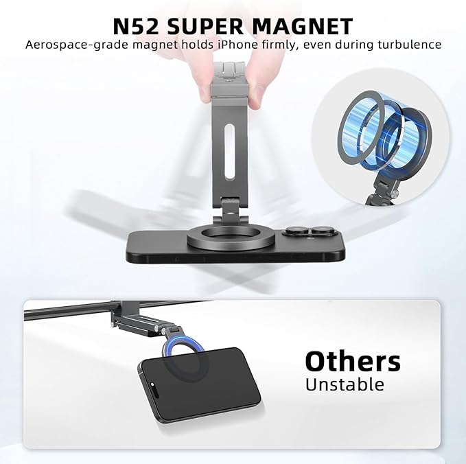 Magnetic Tripod for iPhone, Airplane Phone Holder for MagSafe Selfie Stick Adapter Travel Foldable Clip Clamp Plane Desktop Stand for iPhone 17 16 15 14 13 12 Pro Max Mini Accessories