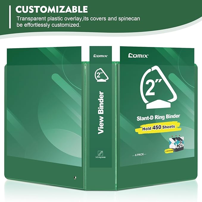 COMIX Sturdy 3 Ring Binder 2 inch with Clear View Cover, 2" Slant-D Ring View Binder Holds 500 Sheets of US Letter Size Paper, 6 Pack (Green)