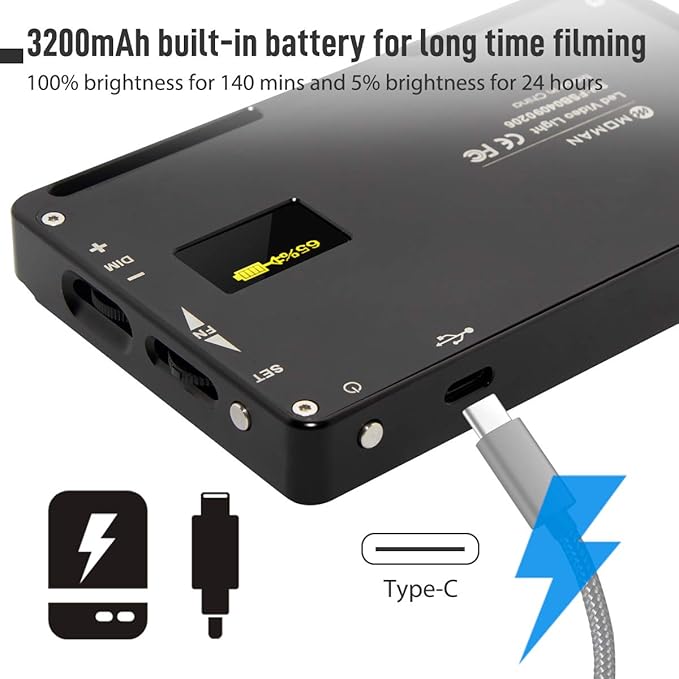 Moman Portable LED Video Light, Aluminum Alloy On-Camera Light, Built-in Battery & USB-C Charging, 2500K-8500K RGB Dimmable, CRI 96+ Photography Fill Light with 1/4" Screw for DSLR, Vlog, YouTube