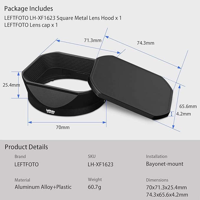 Square Metal Lens Hood for Fujifilm XF16-50mm F2.8-4.8 R LM WR for Fuji XF 33mm F1.4 R LM WR Lens for Fujinon XF 23mm F1.4 R LM WR Lens Hood,with Front Cap,Black