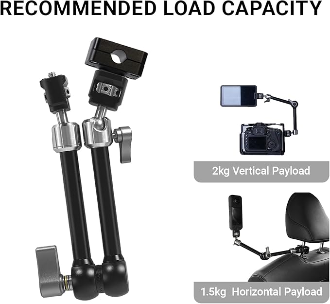 Heavy-Duty Articulating Magic Arm Mount with Super Clamp, 360° Dual Ball Head & 1/4" ARRI Locating Pin&Holes, Camera Monitor Mount for Action Camera Video LED Light (11" Magic Arm w/Headrest)