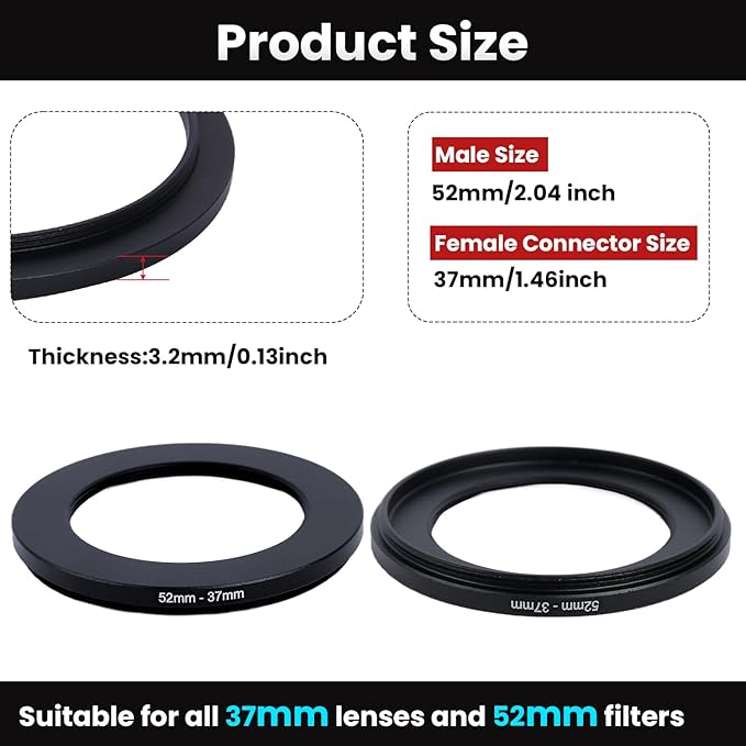 Metal Step Down Ring Filter Adapter - 52mm to 37mm - Metal Ring Step Down Rings Adapter Filter Compatible with All 37mm UV, CPL, ND, Lens Hood, Threaded Lens ect