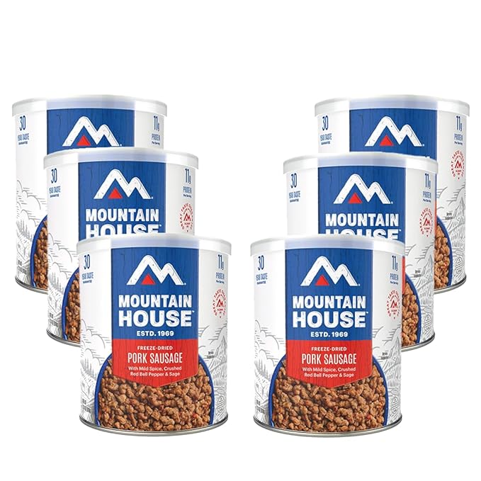Mountain House Freeze-Dried Pork Sausage #10 Can – 25 Servings per Can – Fully Cooked, Ready-to-Eat Emergency Canned Food Supply – High-Protein Canned Meat for Camping, Hiking, Survival,– 30-Year Taste Guarantee – Made in USA – Pack of 6