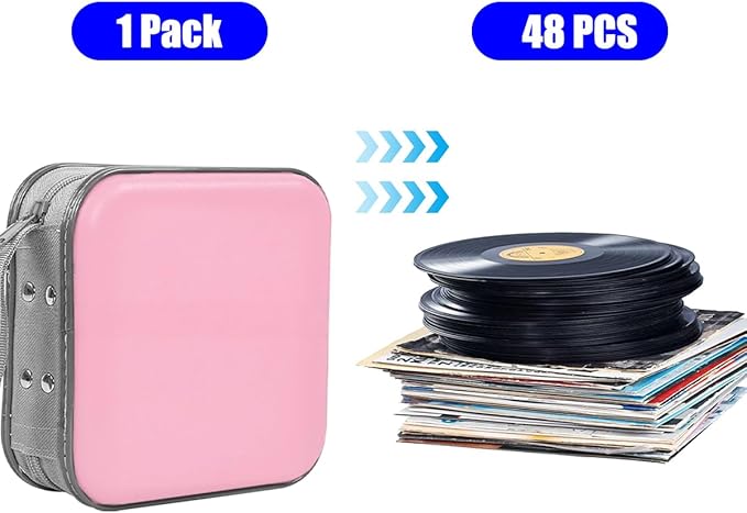 Car CD Case, 48 Capacity Hard Plastic & Non-Woven Fabric Vehicle DVD Case Holder with Zipper, Portable Automotive Disc Wallet Storage Organizer Binder for Travel, Universal Fit (Pink)