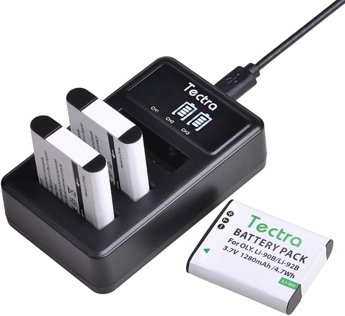 Tectra 3-Pack Li-90B Li-92B DB-110 Battery + Charger for Olympus Tough TG-7, TG-6, TG-5, TG-Tracker, SH-1, SH-2, SP-100 IHS, Tough TG-1 iHS, TG-2 iHS, TG-3, TG-4, SH50 iHS, SH60, XZ-2 iHS