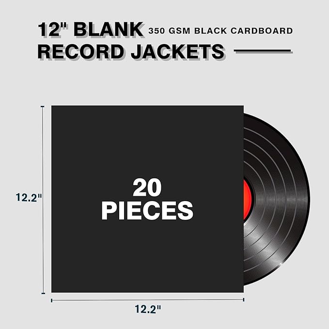 20PCS Black 12-Inch LP Vinyl Record Jackets, 350gsm Cardboard Sleeves with No Center Hole, Blank Album Covers for 33 RPM Storage & Protection, Thick LP Jackets for Record Storage