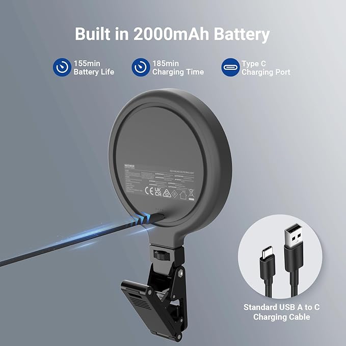 NEEWER Entry Level Version LED Selfie Ring Light, 4.8W Bi Color Edge Lit Clip Phone Fill Lighting with 2000mAh Battery, CRI90+ for Camera Laptop Computer Webcam Video Conference Makeup Recording, N23