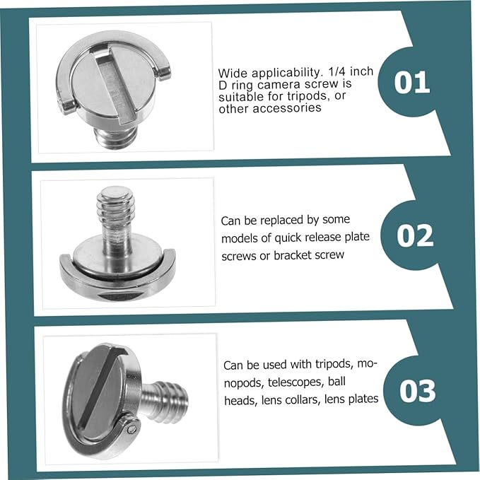 Gadpiparty 5Pcs D Ring Tripod Screws Camera Mounting Replacement Screws Quick Release Fixing for Tripods Monopods and Camera Accessories Nickel Plated Iron Construction