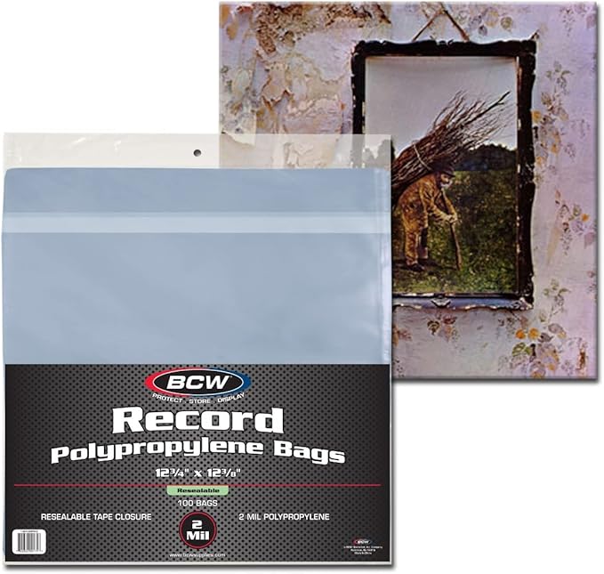 BCW Resealable 12-Inch Vinyl Record Bags - 100 Pack | Archival Safe Polypropylene Sleeves for Single & Double LPs | Acid-Free with Resealable Strip & Flap Record Bag | Record Protective Bags