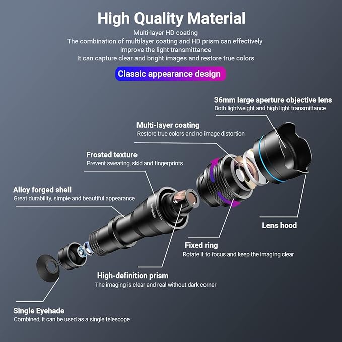 APEXEL 36x Telephoto Lens for iPhone | Professional Enhanced Phone Camera Lens Compatible with iPhone 16 15 14 13 Pro Max, Samsung, Pixel - Includes Tripod