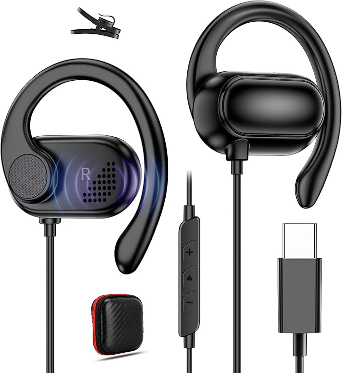 Open Ear USB-C Headphones for iPhone 17 Pro Max 16 15 Plus, Over Ear Wired Earbuds with Earhook Microphone Volume Control, HiFi Stereo Sports Type C Earphones for Samsung S25 S26 S24 S23 S22 S21 Pixel