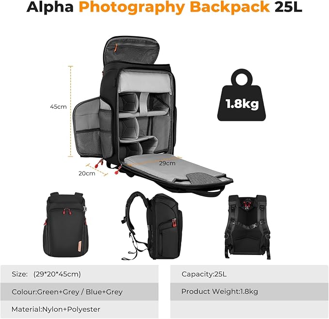 K&F CONCEPT Camera bag Backpack Waterproof 25L Large Capacity Camera Case with Raincover 15.6 Inch Laptop Compartment Compatible with Canon/Nikon/Sony/DJI Mavic Drone Travel Camera Backpack