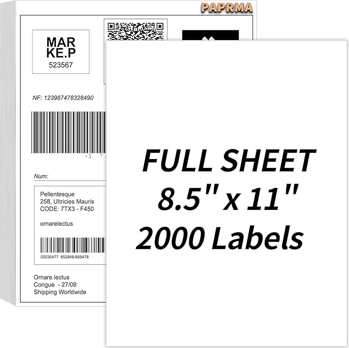 Full Sheet Labels 8.5” x 11” Sticker Paper Matte White, Large Shipping Label Paper for Inkjet Laser Printer, 2000 Counts
