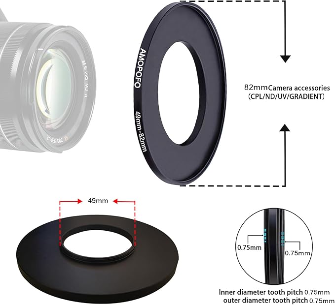 49mm to 82mm Step-Up Ring Filter adapter/49mm to 82mm Camera Filter Ring ;Compatible All Brands 49 mm Lens and 82 mm UV,ND,CPL,Metal Step Up Ring