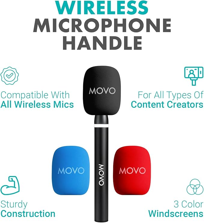 Movo WMX-HM2 Wireless Microphone Handle for DJI Mic, Rode GO II – Handheld Interview Grip with Mic Holder, Adapter & 3 Windscreens – for YouTube, TikTok, Journalism, Content Creation