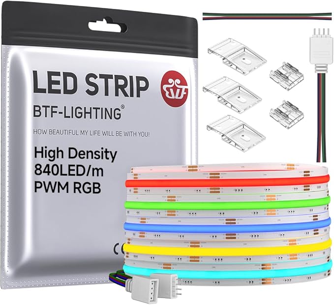 BTF-LIGHTING FCOB COB RGB LED Strip 840LED/m 16.4FT DC24V Color Changing Flexible High Density Uniform Light 10mm Width for Bedroom Home Indoor Decor(No Adapter or Controller)