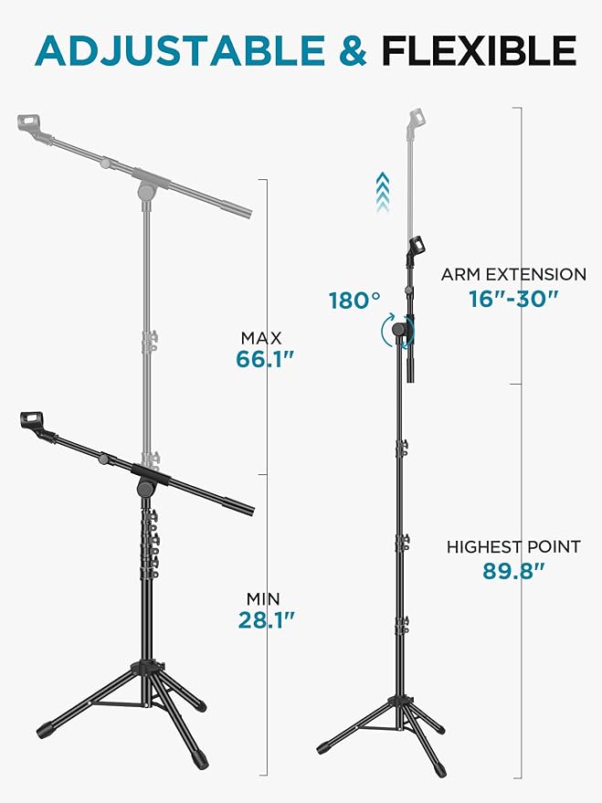 InnoGear Microphone Stand, Tripod Boom Arm Floor Mic Stand Height Adjustable Heavy Duty with Carrying Bag 2 Mic Clips 3/8" to 5/8" Adapter for Singing Podcast for Blue Yeti Shure SM58 SM48 Samson Q2U