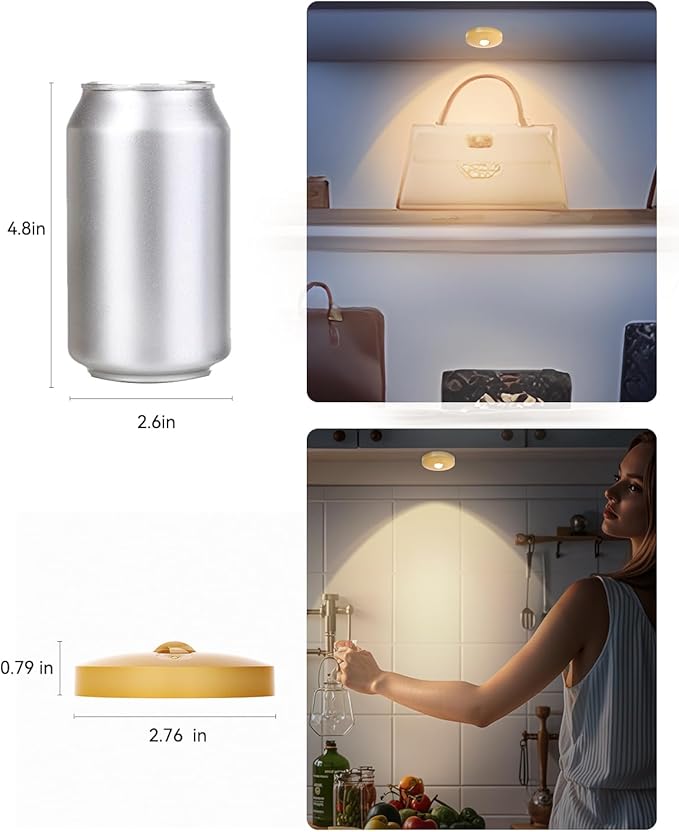 Rechargeable RGB Puck Lights with Remote Control, 1500mAh Battery Operated Push Lights, Dimmable & Timer Under Cabinet Lighting for Closet, Bedroom, Kitchen Gold 3Pcs
