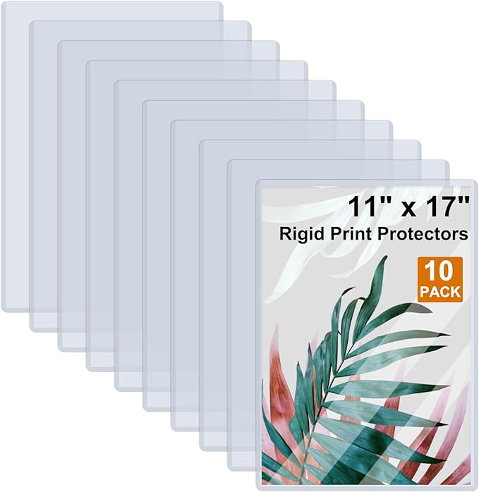 Rainmae 10 Pack 11" x 17" Rigid Print Protectors, Clear Waterproof Hard Plastic Page Sheet Protectors, Paper Sleeves Photo Plastic Sleeves Document Holder Birth Certificate Protector