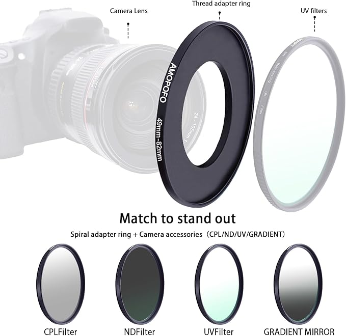 49mm to 82mm Step-Up Ring Filter adapter/49mm to 82mm Camera Filter Ring ;Compatible All Brands 49 mm Lens and 82 mm UV,ND,CPL,Metal Step Up Ring