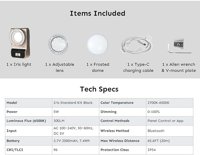 Harlowe Iris Content Creator Lighting Kit Portable 5W Bi-Color Camera Light 2700K-6500K Dimmable CRI/TLCI 96+, IP54, App Control LED Light for Photography and Video Recording, Standard Kit, Black