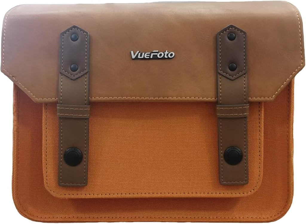 VueFoto Camera Messenger Bag,Vintage Leather Flip-top Waterproof Camera Bag,Compatible with Canon,Nikon,Sony SLR/DSLR Mirrorless Cameras For Women and Men (Orange, Small)