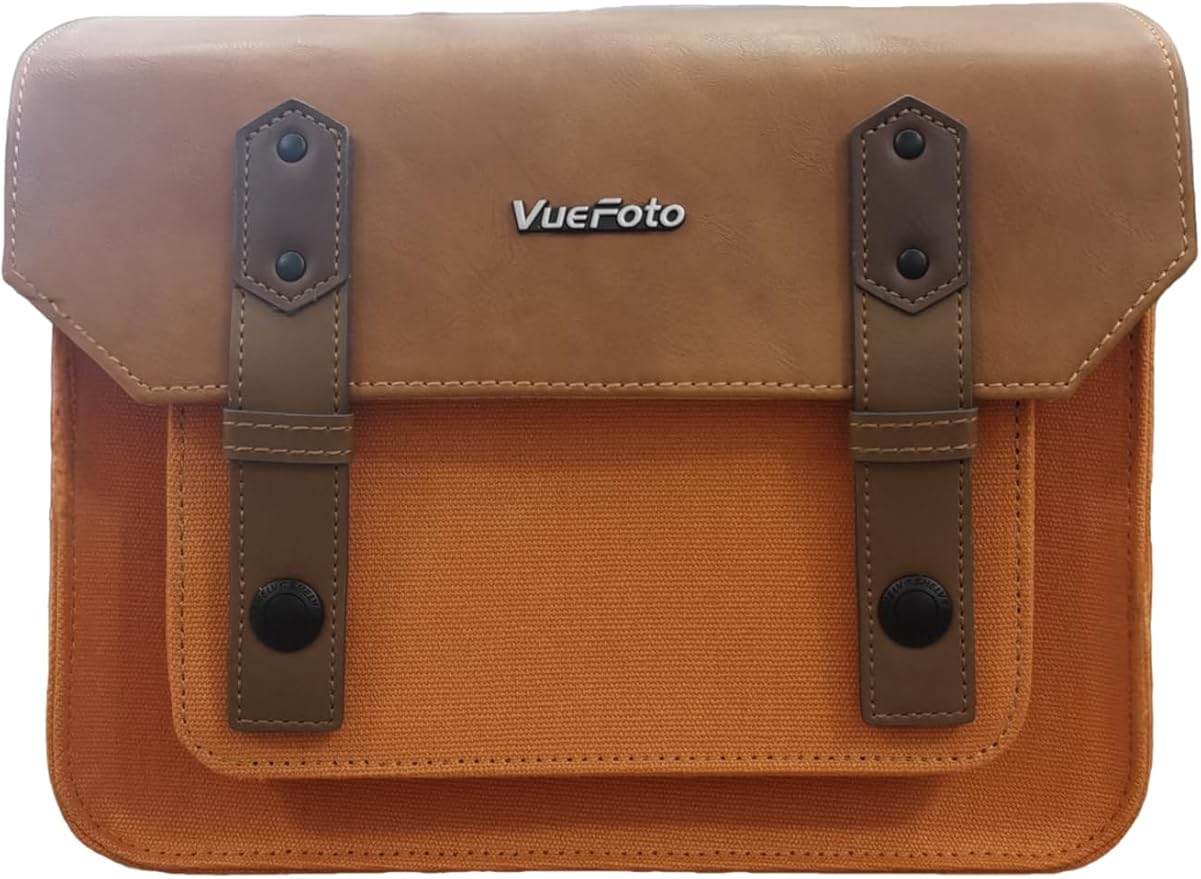 VueFoto Camera Messenger Bag,Vintage Leather Flip-top Waterproof Camera Bag,Compatible with Canon,Nikon,Sony SLR/DSLR Mirrorless Cameras For Women and Men (Orange, Medium)