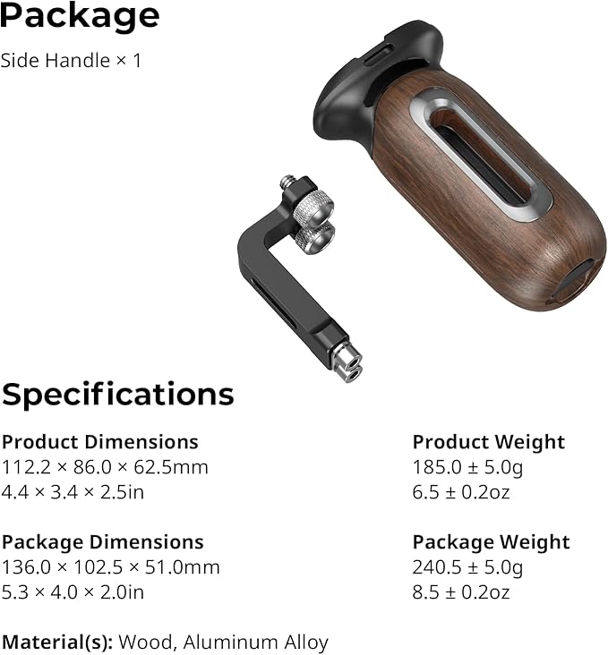 SmallRig Wooden Side Handle for Camera Cages with 1/4"-20 Threaded Holes, Left or Right Side Ergonomic Handgrip, 28mm / 1.1in Vertical Adjustment, 15kg / 33.1lb Load Capacity