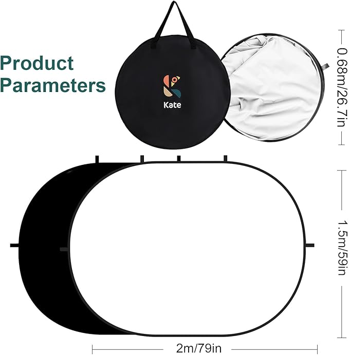 Kate 5x6.5ft(1.5x2m) Collapsible Backdrop White Black Twist Flex Folding Pop up Backgrounds for Photoshoot, Headshots Photo, Video Calls