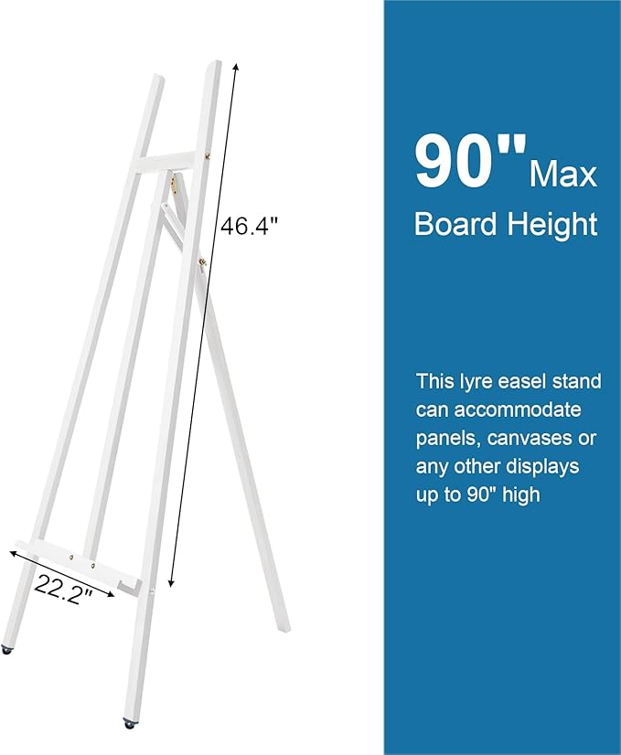 Somime A - Frame Wooden Display Easel - Adjustable Lyre Beechwood Studio Easel Stand Holding Canvas Up to 90", Inclinable Artist Floor Painting Easel for Artwork Painting, White