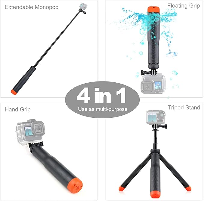 Multi-use Handheld, extendable Selfie monopod, Portable Tripod, and Floating Device for GoPro Hero 3, 3+, 4,5,6,7,8, 9, 10, 11, 12, 13 Session, 2018, Cell Phones and Other Digital Cameras/cams
