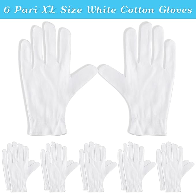 Paxcoo 6 Pairs XL White Cotton Gloves for Dry Hand Moisturizing Cosmetic Eczema Hand Spa and Jewelry Inspection