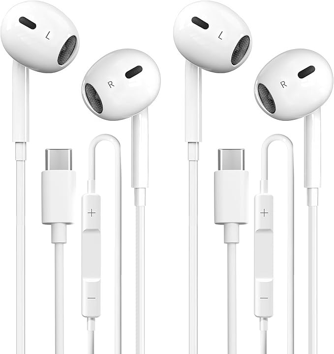 USB C Headphones 2 Pack, Type C Earphones with Microphone & Remote Control Noise Cancelling Wired Earbuds USB C for iPhone 17 16 15 Pro Max, iPad Pro, Samsung Galaxy S25 S24 Ultra, Pixel 9