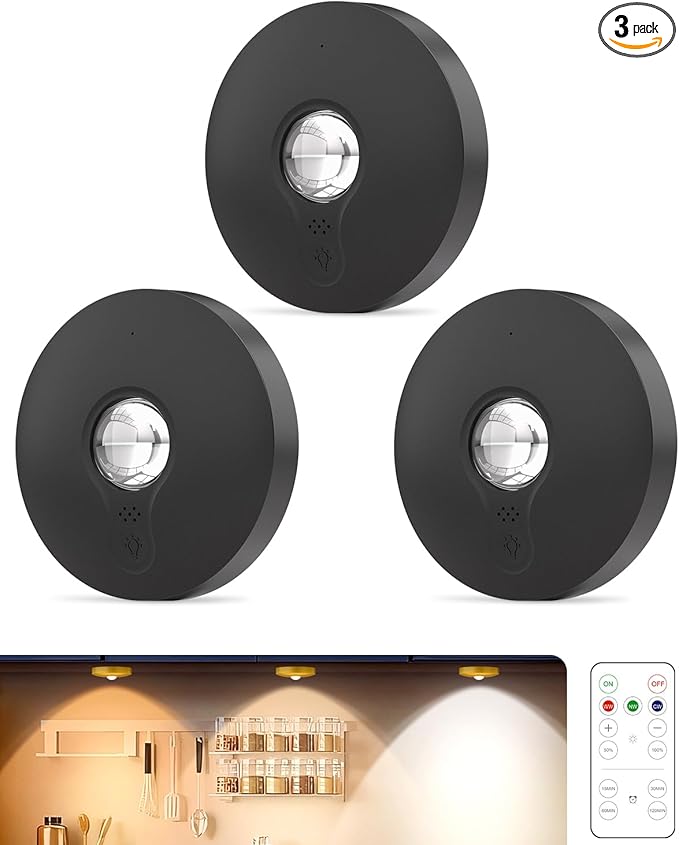 Rechargeable Puck Lights With Remote Control, 1500mAh Battery Operated Tap Lights, Dimmer & Timer Under Cabinet, Wireless LED Stick-On for Closet, Bedroom, Kitchen - Black 3Pcs