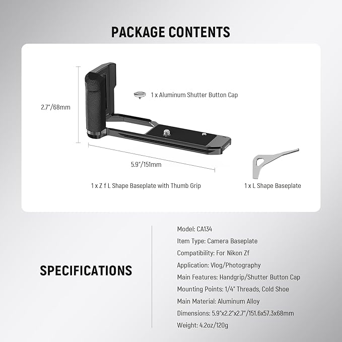 NEEWER Zf Handgrip L Shaped Grip Compatible with Nikon Z f Camera, Retro Mounting Baseplate L Bracket with Handle, Thumb Grip & Aluminum Shutter Button, Compatible with Arca Type Tripod Head, CA134