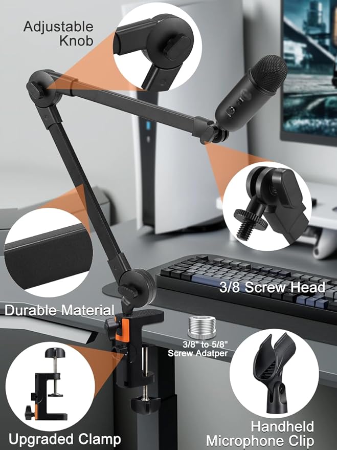 Microphone Boom Arm Mic Stand, Adjustable Suspension Boom Scissor Arm Stand with Mic Clip Holder and Heavy Duty Clamp for Streaming Podcast Recording Studio