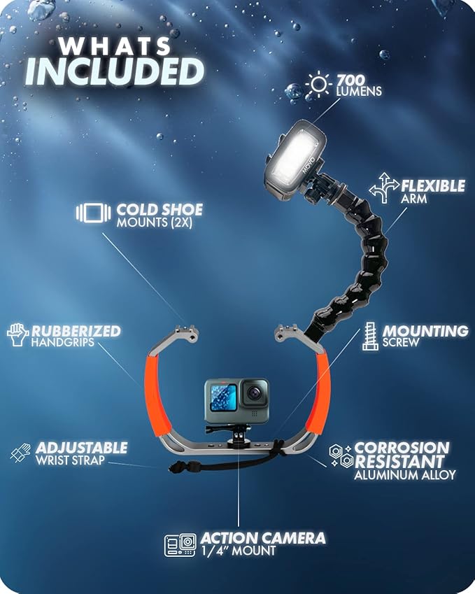 Movo DiveRig6 Underwater Video/Photo Diving Rig for Scuba and Snorkeling - Action Camera Cage Dive Rig, Waterproof Light with Flexible Arm Mount- Compatible with GoPro, DJI Osmo, Insta360 and More