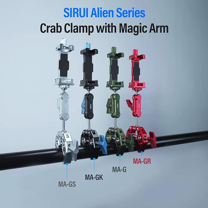 SIRUI Articulating Camera Mount Clamp with Phone Holder, Magic Arm Super Clamp with 1/4"-20 Thread and 3/8"-16 Locating Hole for ARRI, Ball Head Mount for Monitor and Bicycle, MA-G, Green