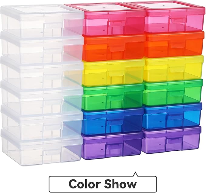Novelinks Stackable Plastic Clear Storage Box Containers with Latching Lid - Art Craft Supply Organizer Storage Containers for Pencil Box,Crayon, Jewelry (12 Pack Colorful+6 Pack Clear-Small)