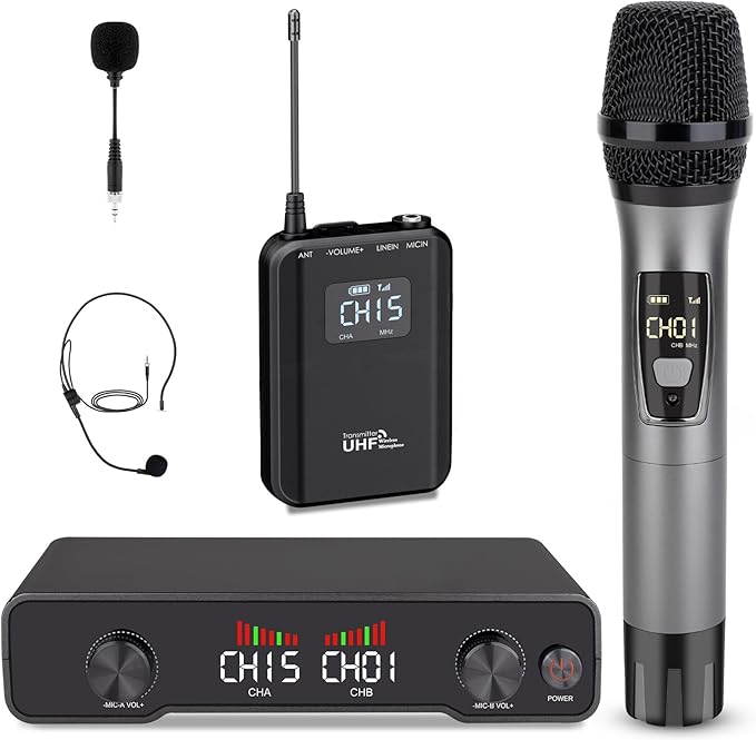 Lococo Wireless Microphone System MIC: Cordless Headset Microphones Bodypack Set - UHF Receiver 328ft Range Channels for Speaking, Singing Church DJ Stage Studio