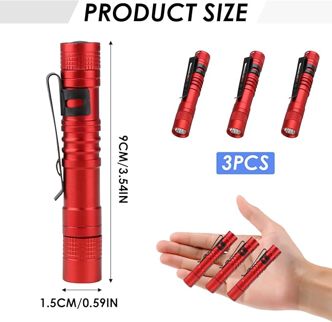 Mini Flashlight, AAA Small Pen Light with Clip, Portable 500lm Pocket Pen Flashlight for Inspection Repair Outdoor Emergency (3 Pack, Red, 3.5")