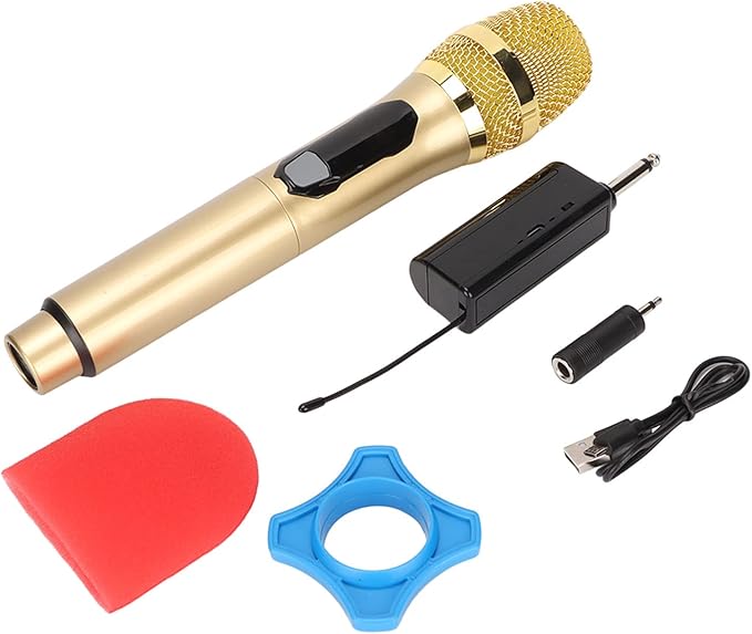 Handheld Microphone, Plug and Play Karaoke Wireless Microphone 50m Receiving 600Hz to 800KHz Multipurpose for Home (Gold)