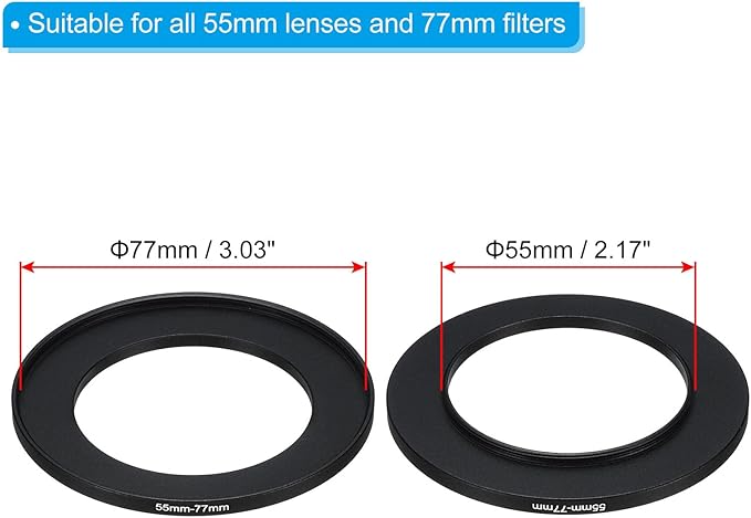 PATIKIL 55mm-77mm Metal Step Up Ring with Cleaning Cloth, 2 Pack Camera Lens Filter Adapter Ring Aluminum Filter Adapter Ring for Camera Lenses Hood, Black