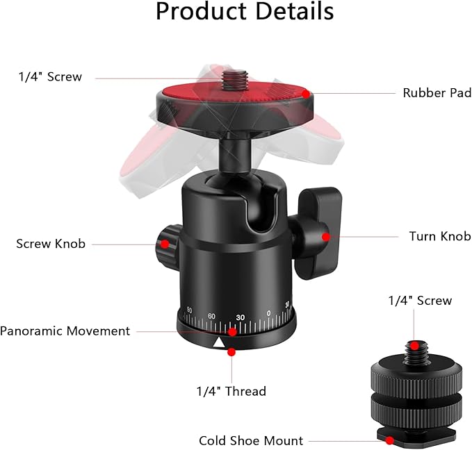 Universal 1/4" Swivel Mini Ball Head Screw Tripod Mount with Hot Shoe Mount, EszkozTA 360° Panoramic Rotating Mount Base Adapter for DSLR Cameras HTC Vive Tripods Monopods Light Stand
