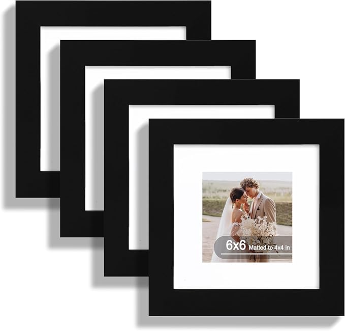 6x6 Picture Frame Set of 4, Made of Real Glass and Black Wooden Frame - Display Picture 4x4 with Mat or 6 x 6 Without Mat, 6x6 Photo for Wall or Tabletop