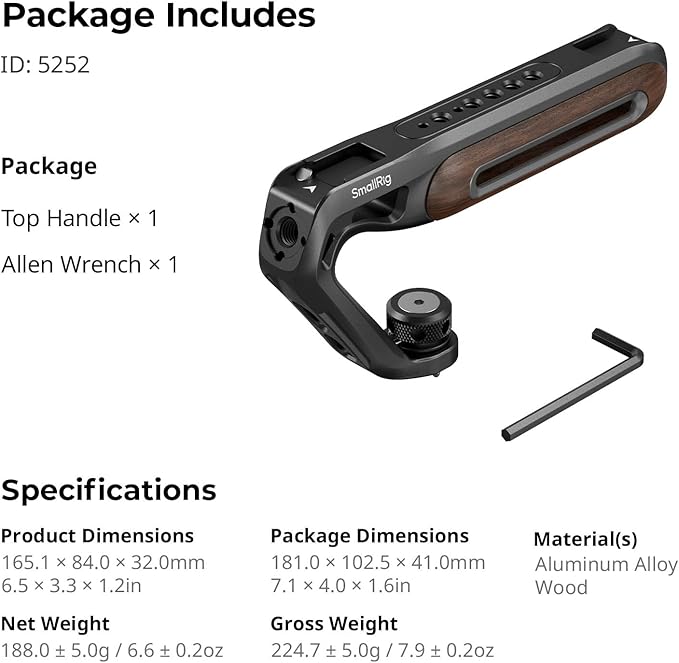 SmallRig Wooden Top Handle with Retractable 1/4''-20 and 3/8''-16 Locating Screw for ARRI, Max Load 15kg / 33.1lb for Universal Camera Cages and Rigs, 2 Cold Shoe Adapters to Mount Accessories- 5252