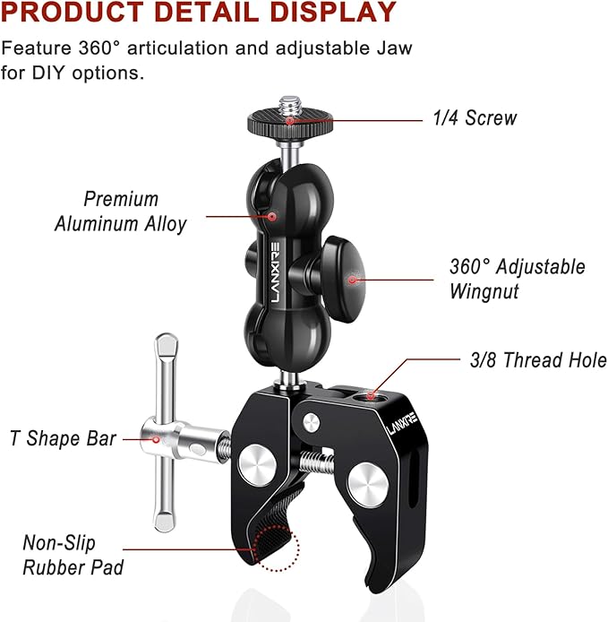Super Clamp Camera Mount with Double Ball Head Magic Arm and 1/4" Screw - 360° Rotation - Fits for Camera, GoPro, Insta360, Action Camera, Monitor, Microphone - 1/4" and 3/8" Threaded Holes
