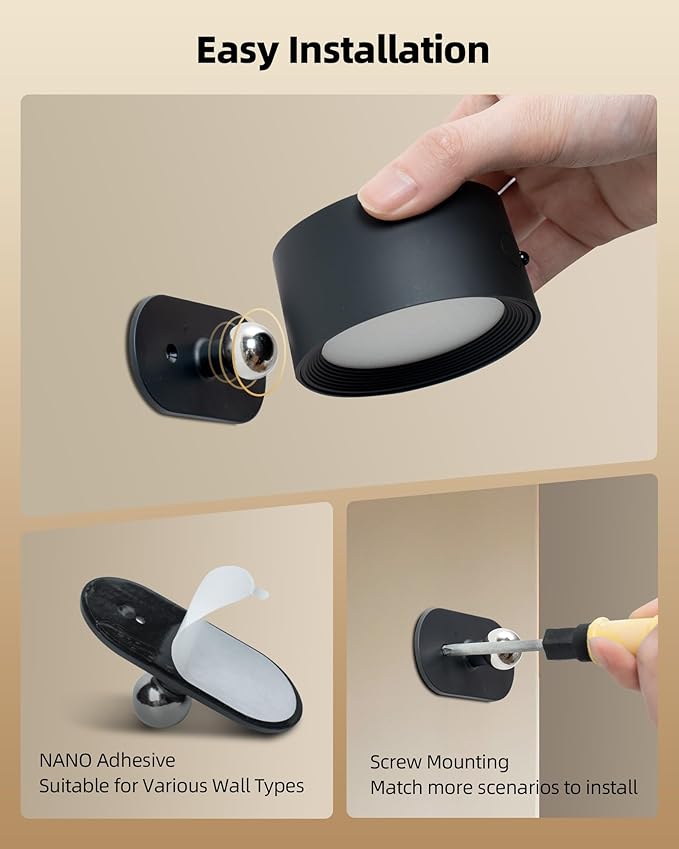 LED Wall Mounted Lights, Rechargeable Wall Sconces with Remote & Touch Control, 3 Color Temperatures 360° Rotation Dimmable Cordless Wall Light for Bedroom Study Reading Bedside (Black, 3 Pack)